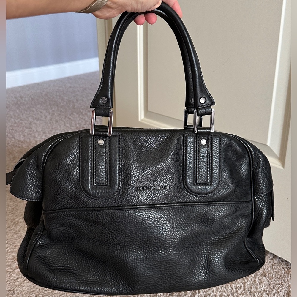 Longchamp Black Pebbled Leather Satchel Bag